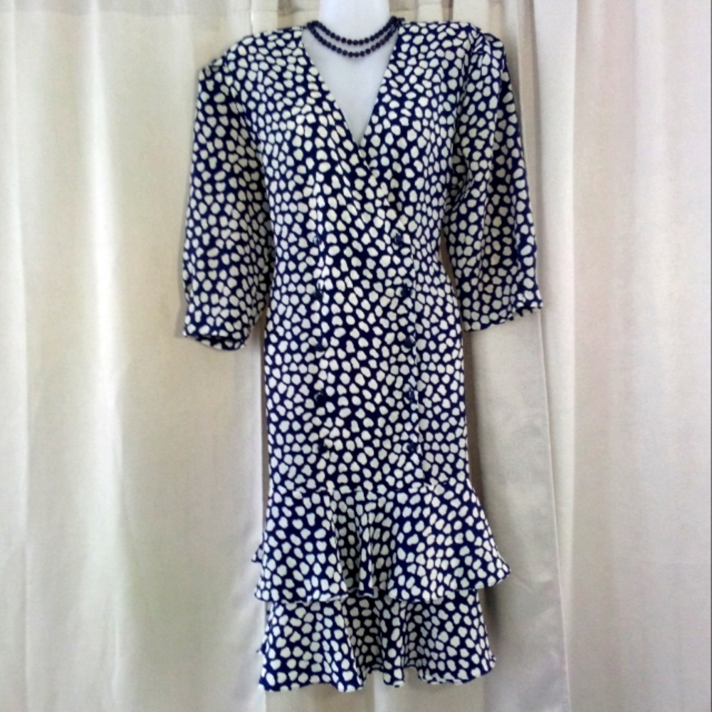 Vintage BGB Petites Double Breasted Drop waist Dress Navy & White Spots Size 6P